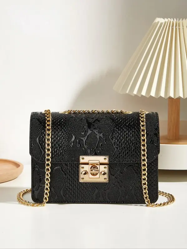 Women's Elegant Retro Crocodile Embossed Design PU Leather Texture Small Square Bag, with Metal Chain Strap, Trendy Versatile...