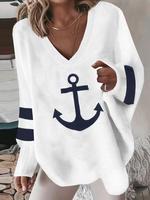 Women's Striped & Anchor Print Drop Shoulder V Neck Sweater, Casual Long Sleeve Pullover Jumper for Daily Wear, Comfy Women's...