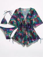 Three-piece Set Women's Leaf Print Swimsuit Set, Casual Cover Up & Swimsuit Bra & Swimsuit Bottom Set, Fashion Chic Ladies Ba...