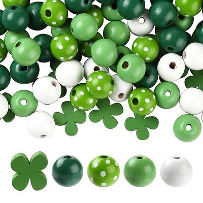 160Pcs 5 Style Irish Theme Painted Natural Wood Beads