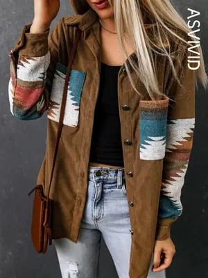 Women's Western Geometric Print Collared Button Front Corduroy Coat, Casual Pocket Long Sleeve Outerwear for Spring & Fall, L...