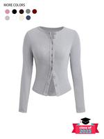 Women's Plain Button Front Ribbed Tee, Casual Longsleeves Round Neck T-shirt for Spring & Fall, Women's Top for Daily Wear, B...
