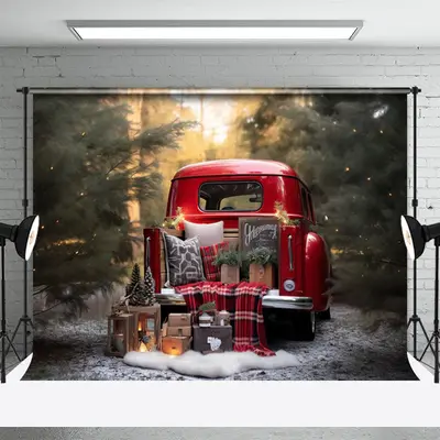 Christmas Outdoor Red Truck Gift Portrait Backdrop - Aperturee