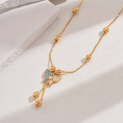 Fashionable Brass Pave Cubic Zirconia Butterfly Pendant Necklaces