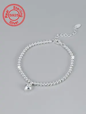 S925 Sterling Silver Simple Beaded Bracelet, Fashionable Heart Charm Decor Bracelet for Women & Girls, Trendy All-match & Exq...