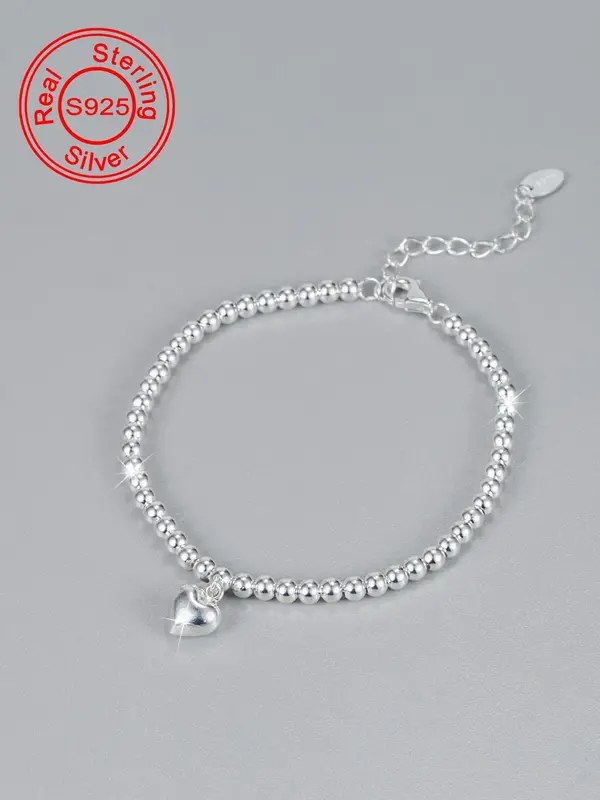 S925 Sterling Silver Simple Beaded Bracelet, Fashionable Heart Charm Decor Bracelet for Women & Girls, Trendy All-match & Exq...