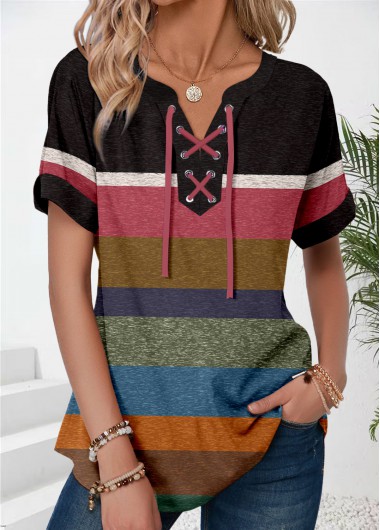Modlily Multi Color Patchwork Short Sleeve Split Neck T Shirt - M