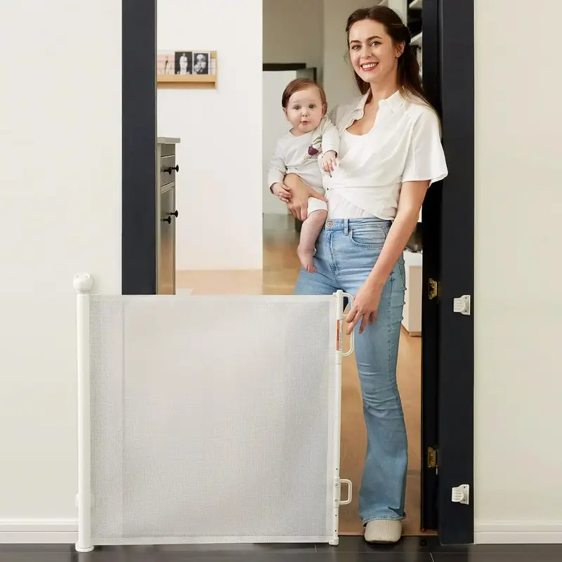 Momcozy Auto Lock Retractable Baby Gate, Safety Gate for Baby and Pet, 33” Tall, Extends to 55” Wide, Mesh Safety Dog Gat...