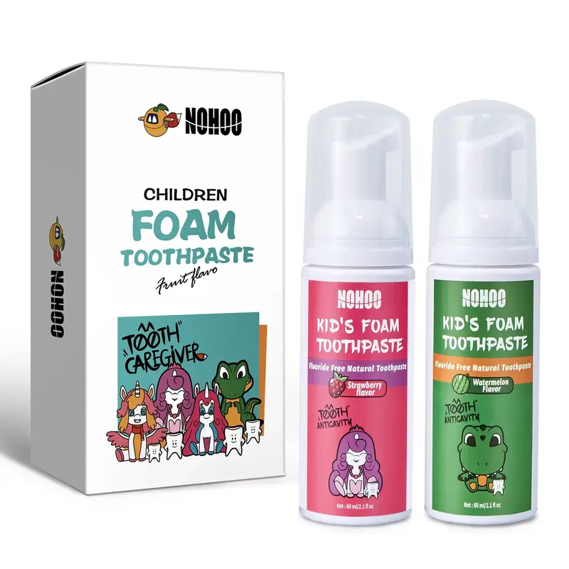 NOHOO Kids Foam Toothpaste 2-Pack | Fluoride-Free, Gentle Oral Care for Baby & Toddler | Strawberry & Watermelon Flavor, 60ml...