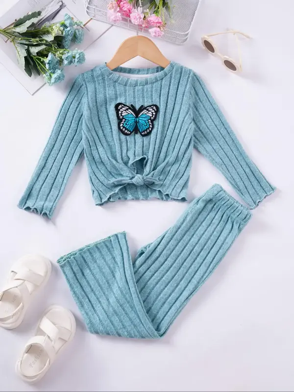 Two-Piece Set Toddler Girl's Butterfly Patched Knot Tee & Lettuce Trim Flare Leg Pants Set, Round Neck Long Sleeve Top & Bel...