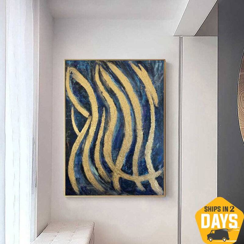 Original Abstract Blue And Gold Paintings On Canvas Rich Textured Painting Handmade Gold Leaf Art | HOAX 59.8"x44.1"...