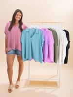 Zenana Airflow Collared V Neck Short Sleeve Top | S/M-L/XL