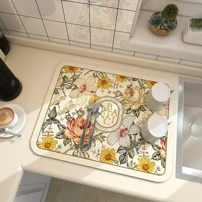 Floral Pattern Kitchen Countertop Mat, 1 Count Non-slip Water Absorbent Coffee Machine Mat, Household Table Mat for Home Kit...