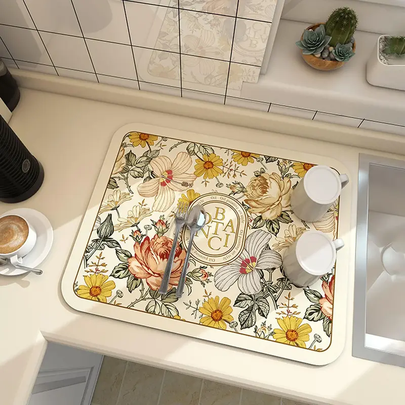 Floral Pattern Kitchen Countertop Mat, 1 Count Non-slip Water Absorbent Coffee Machine Mat, Household Table Mat for Home Kit...