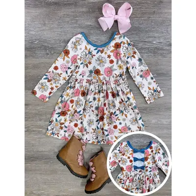 Autumn Blooms Blue Trim Long Sleeve Girls or Toddler Floral Flower Fall Dress