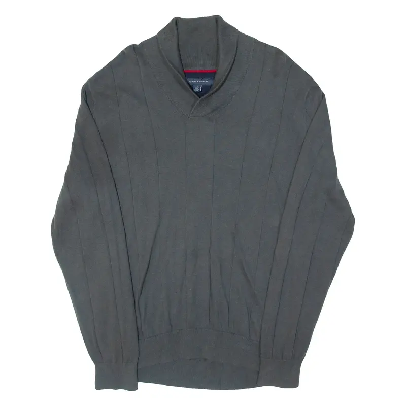 TOMMY HILFIGER Mens Jumper Grey V-Neck Tight Knit L