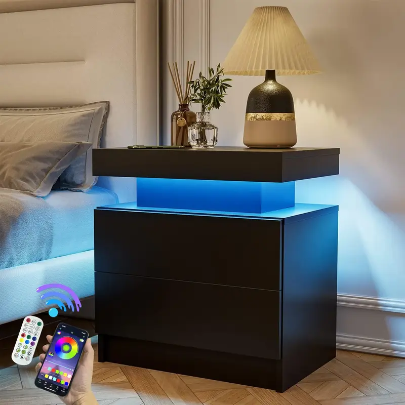 WILJOJ LED Nightstand Modern Bedside Table with 16 Color Lights & 2 Drawers,Night Stand LED End Side Table for Bedroom Living...