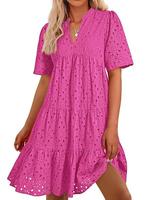 BTFBM Women's Boho Summer Dresses 2025 Resort V Neck Short Sleeve Hollow Out Lace Ruffle Casual Beach Mini Vacation Dress #Ou...
