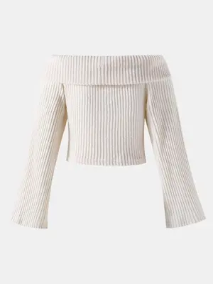 Girl's Solid Off Shoulder Ribbed Crop Sweater, Elegant Fashion Casual Long Sleeve Jumper for Daily Outdoor Wear, Kids Clothi...