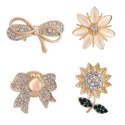 4Pcs 4 Style Crystal Rhinestone Bowknot & Sunflower Brooches