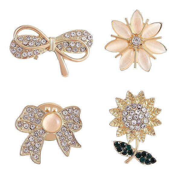 4Pcs 4 Style Crystal Rhinestone Bowknot & Sunflower Brooches
