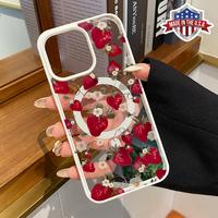 Wild Strawberry Daisy Pattern Magnetic Phone Case Supports Wireless Charging for iPhone 15 16 14 Pro Max 13 12 11 XR XS Plus ...