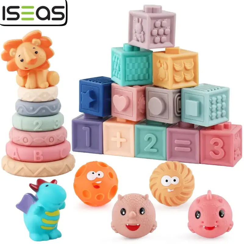 ISEASY Montessori Toys for Babies 6-12 Months, 3 In 1 Soft Baby Toys Set with Stacking Building Blocks, Soft Teething Toys, 2...