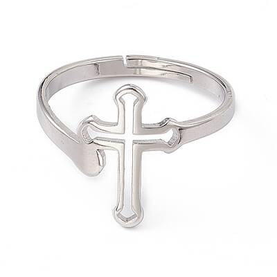 Non-Tarnish 201 Stainless Steel Hollow Out Cross Adjustable Ring for Women