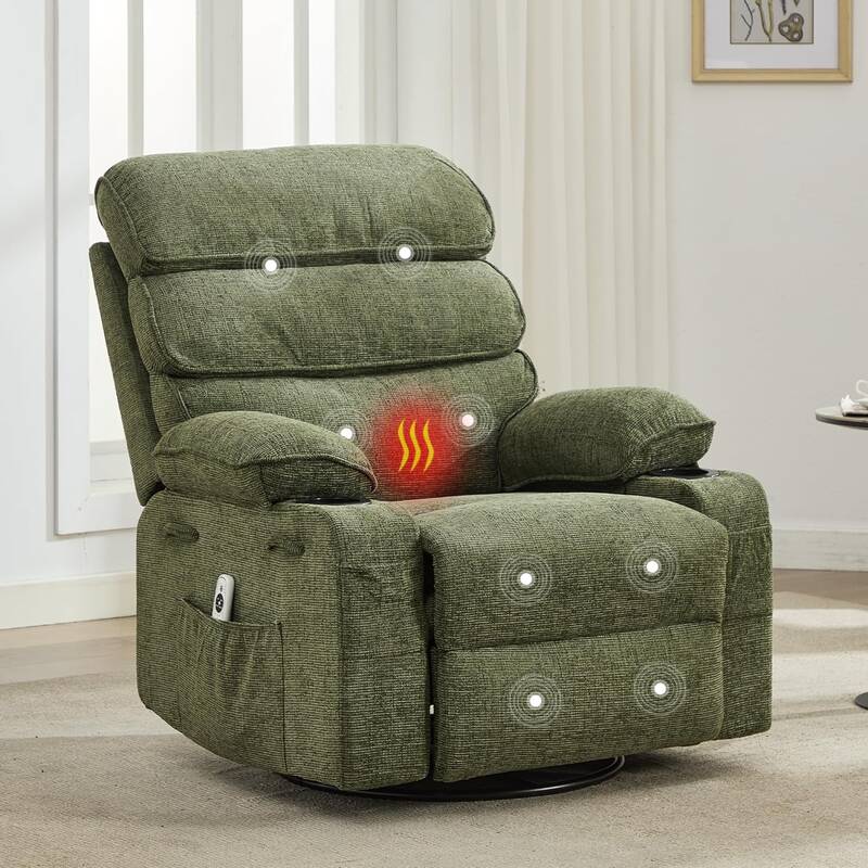 Garvee Massage Rocker Recliner with Heating, 360° Swivel Glider Recliner Chairs for Adults, Linen Nursery Chair with Side Po...