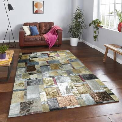 Silver, Gold and Bronze Leaf Cowhide Rug