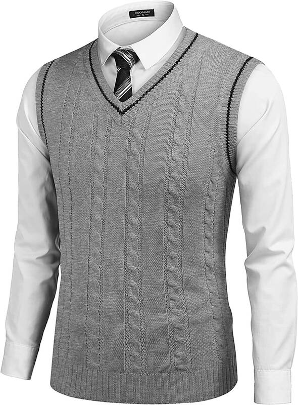 V Neck Sleeveless Knitted Pullover Vest Sweater (US Only), Light Grey / XXL