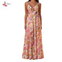 Women Long Dress Floral Print Tie-Up Halter Neck Backless Dress Summer Fashion Sleeveless Casual Dress
