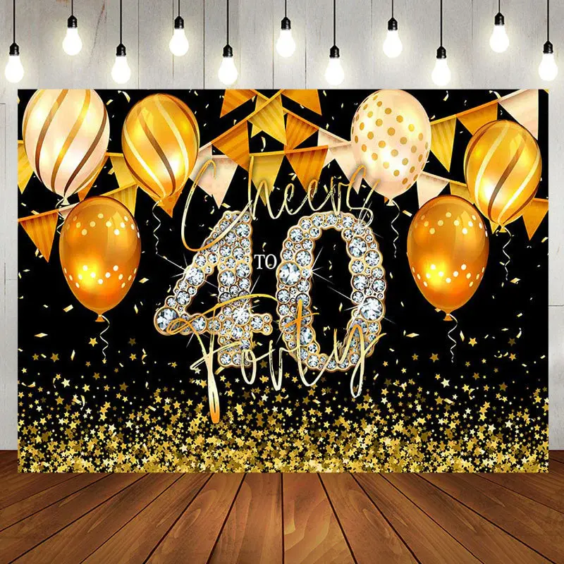 Black Gold Balloons Cheers 40th Birthday Backdrop - Aperturee