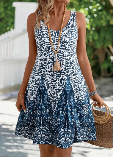 Modlily Peacock Blue Pocket Tribal Print A Line Sleeveless Dress - XL