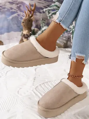 1 Pair Women's Solid Color Plush Slippers, Casual Comfortable Silent Anti-slip Home Slippers for Fall & Winter, Fluffy Winter...