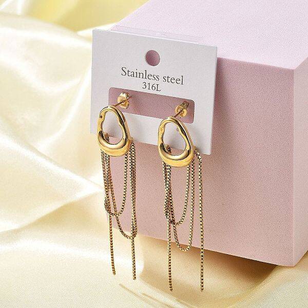 304 Stainless Steel Oval Tassel Stud Earrings