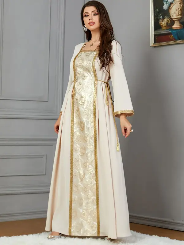 Women's Floral Jacquard Long Sleeve Arabian Dress, Elegant Maxi Dress for Party Holiday Wedding Guest, Ladies Islamic Clothi...