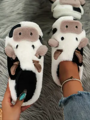 Women's Cute Cow Design Plush Slippers, Warm Bedroom Fuzzy Slippers, Silent Anti-slip Slippers for Indoor, Outdoor