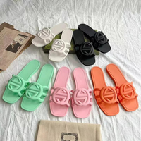 PVC matte double G interlocking double hollowed-out one-line slippers, versatile flat women's sandals, casual beach jelly sho...