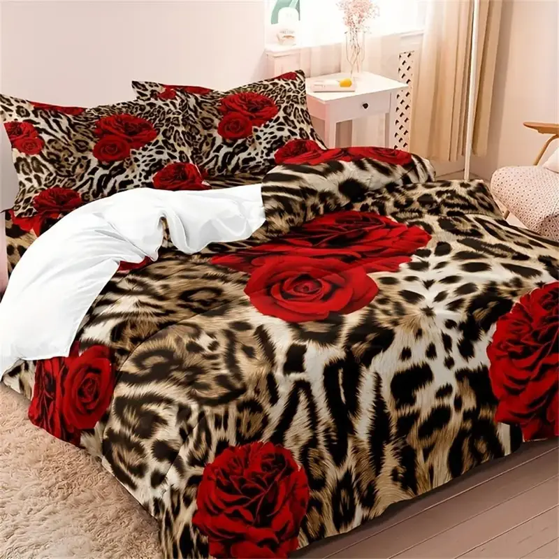 3pcs Leopard & Rose Pattern Comfort Bedding Set, Including Duvet Cover And Pillowcase Without Filler, Bedding Supplies For Ho...