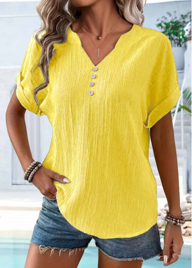 Modlily Yellow Button Short Sleeve Split Neck T Shirt - XXL