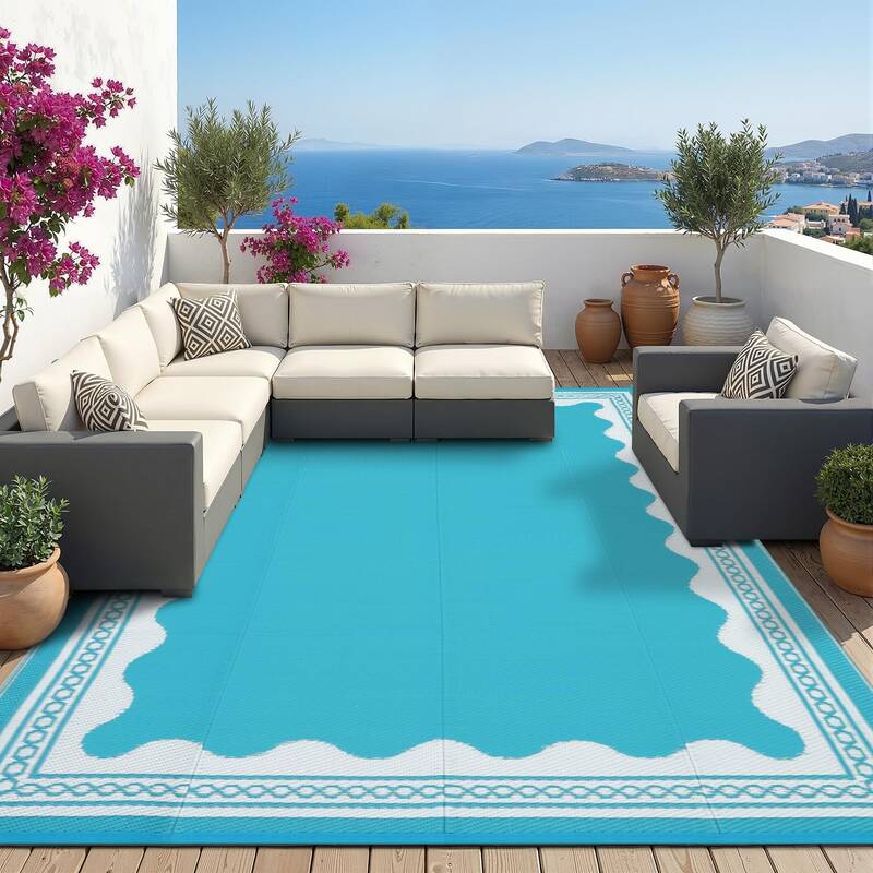 Garvee Outdoor Rug 8x10 Scalloped Waterproof Reversible Plastic Straw Foldable Lightweight Patio Deck Beach