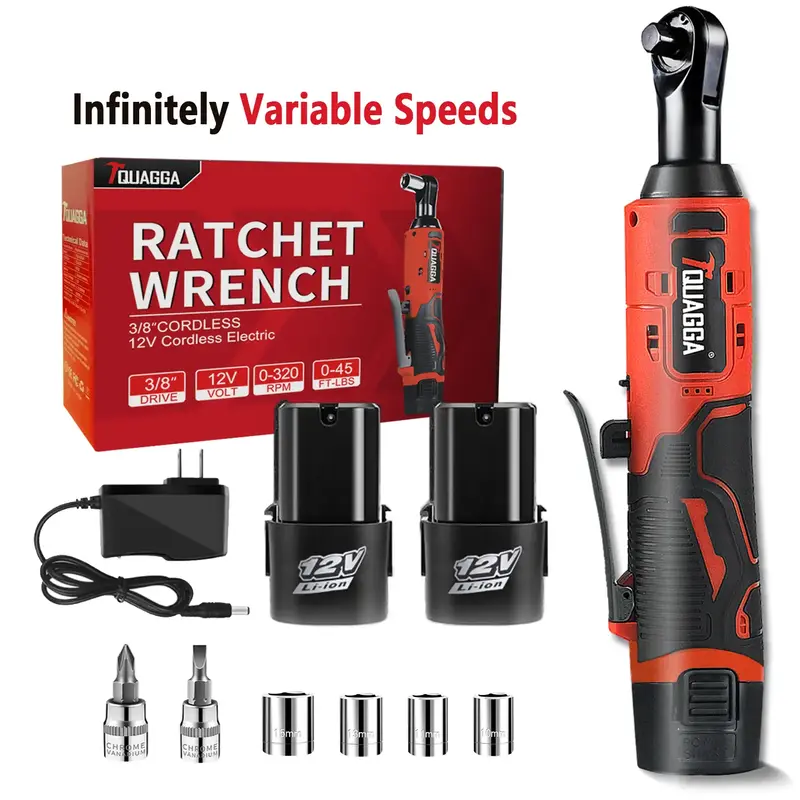 TQUAGGA 3/8 Cordless Electric Ratchet Wrench Set, 12V, 45ft-lbs,Variable speed Power Ratchet Wrench,with Batteries*2,Automo...