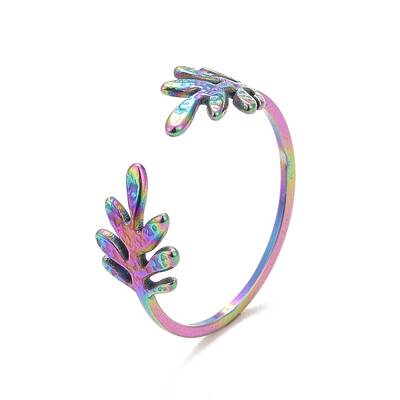 Ion Plating(IP) Rainbow Color 304 Stainless Steel Leaf Open Cuff Ring for Women