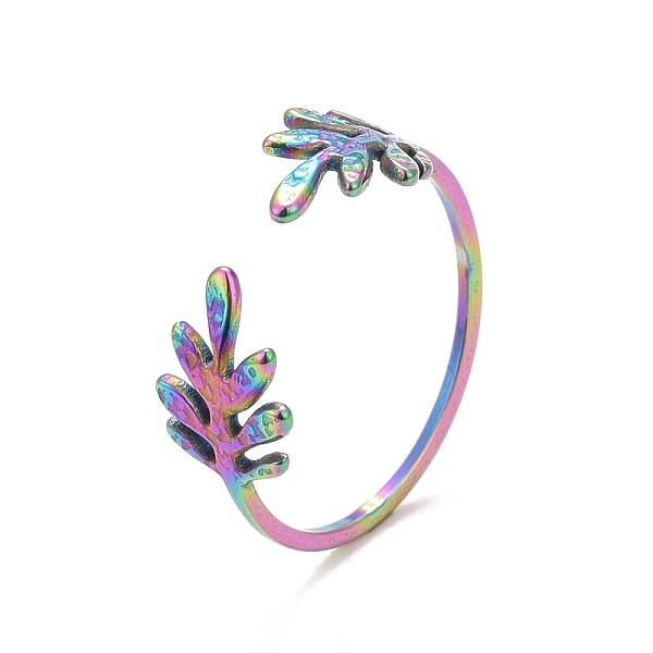 Ion Plating(IP) Rainbow Color 304 Stainless Steel Leaf Open Cuff Ring for Women