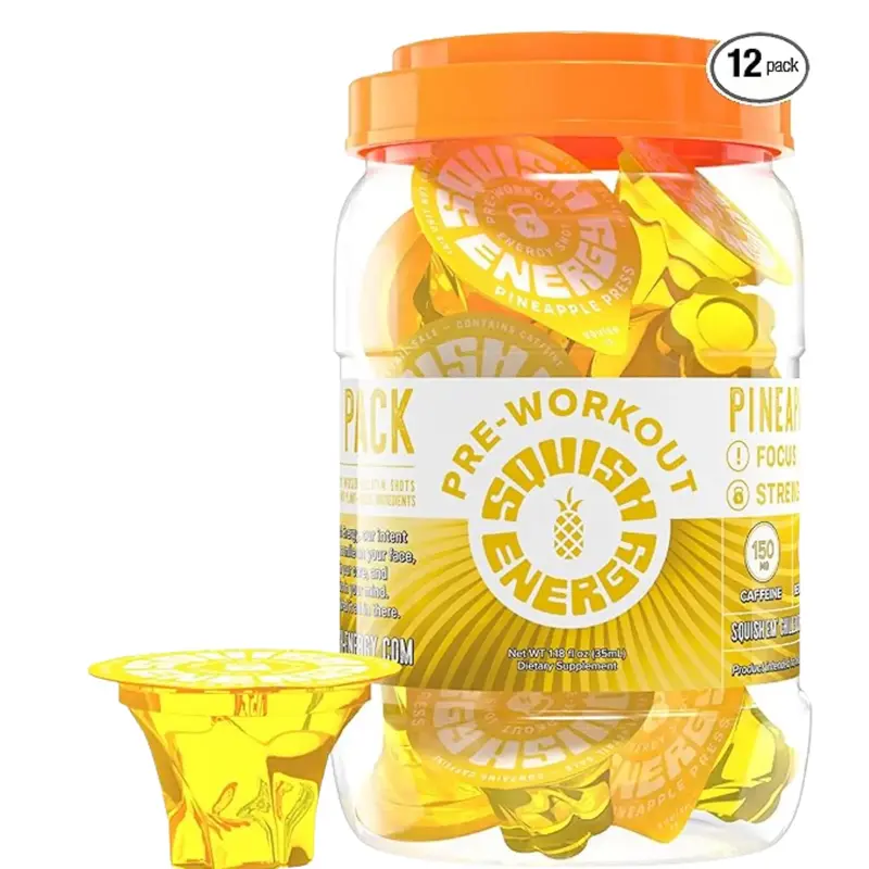 Squish Performance Squish Energy SOUR Preworkout Jellie Shot Pineapple Flavor 12 Pack with Caffeine Citrulline Alpha-GPC & Be...