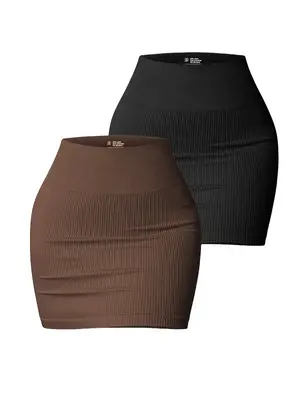 Women's Solid Ribbed High Waist Sports Skirt, High Stretch Seamless Skinny Skirt, Ladies Sportswear for Indoor Outdoor Wear