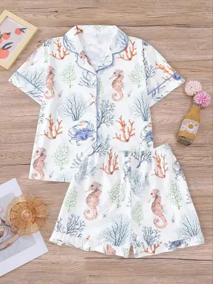 Girl's Sea Creatures Print Short Sleeve Pajama Set, Casual Comfy Button Front Lapel Neck Top & Elastic Waist Shorts Pj Set, K...