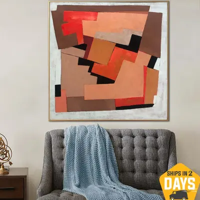 Large Abstract Painting on Canvas Red Wall Art Geometric Artwork Original Oil Painting Contemporary Wall Art for Indie Room D...