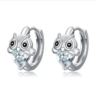 Sterling Silver Heart Shaped Cubic Zirconia Owl Hoop Earrings
